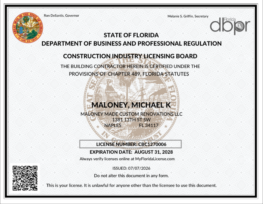 Florida Contractor License — Michael K. Maloney, CBC1270006
