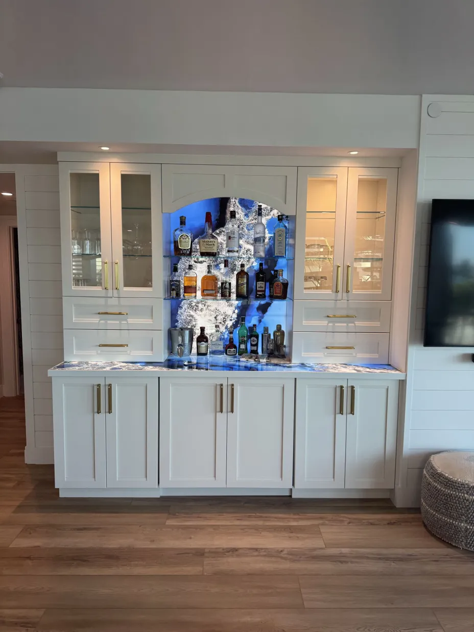 Custom white bar with illuminated blue agate feature wall